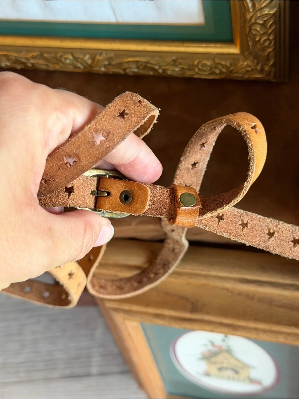 Leather Star-Studded belt brass buckle